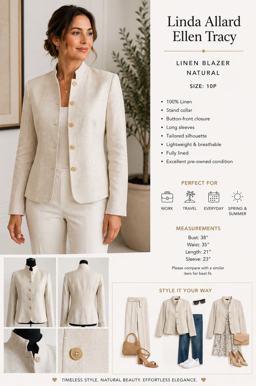 Linda Allard Ellen Tracy Linen Blazer Natural Petite 10P Career Luxury Jacket